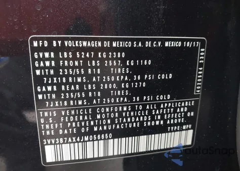 2018 Volkswagen Tiguan 2.0T Se/2.0T Sel from USA, damaged, VIN 3VV3B7AX4JM056650